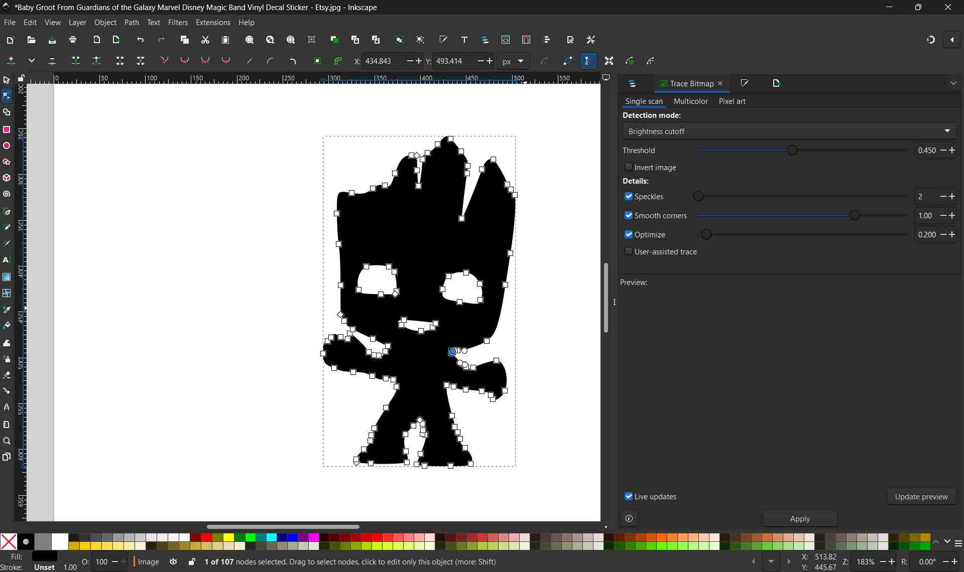 The nodes of the vector paths in Inkscape after cleaning the design